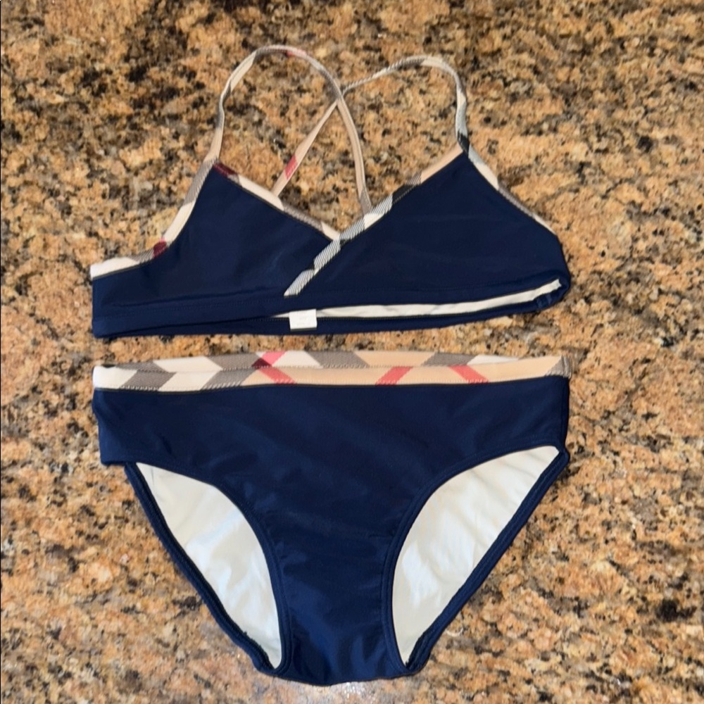 Like New Navy Burberry Bikini Set with Signature Plaid Trim